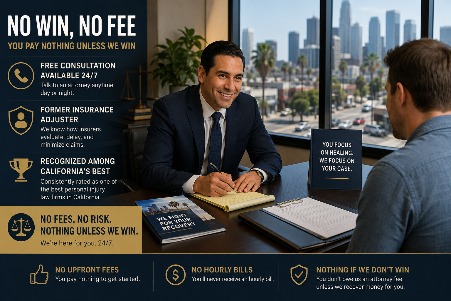 Los Angeles personal injury attorney meeting with a client about a no win, no fee case with no upfront legal fees.