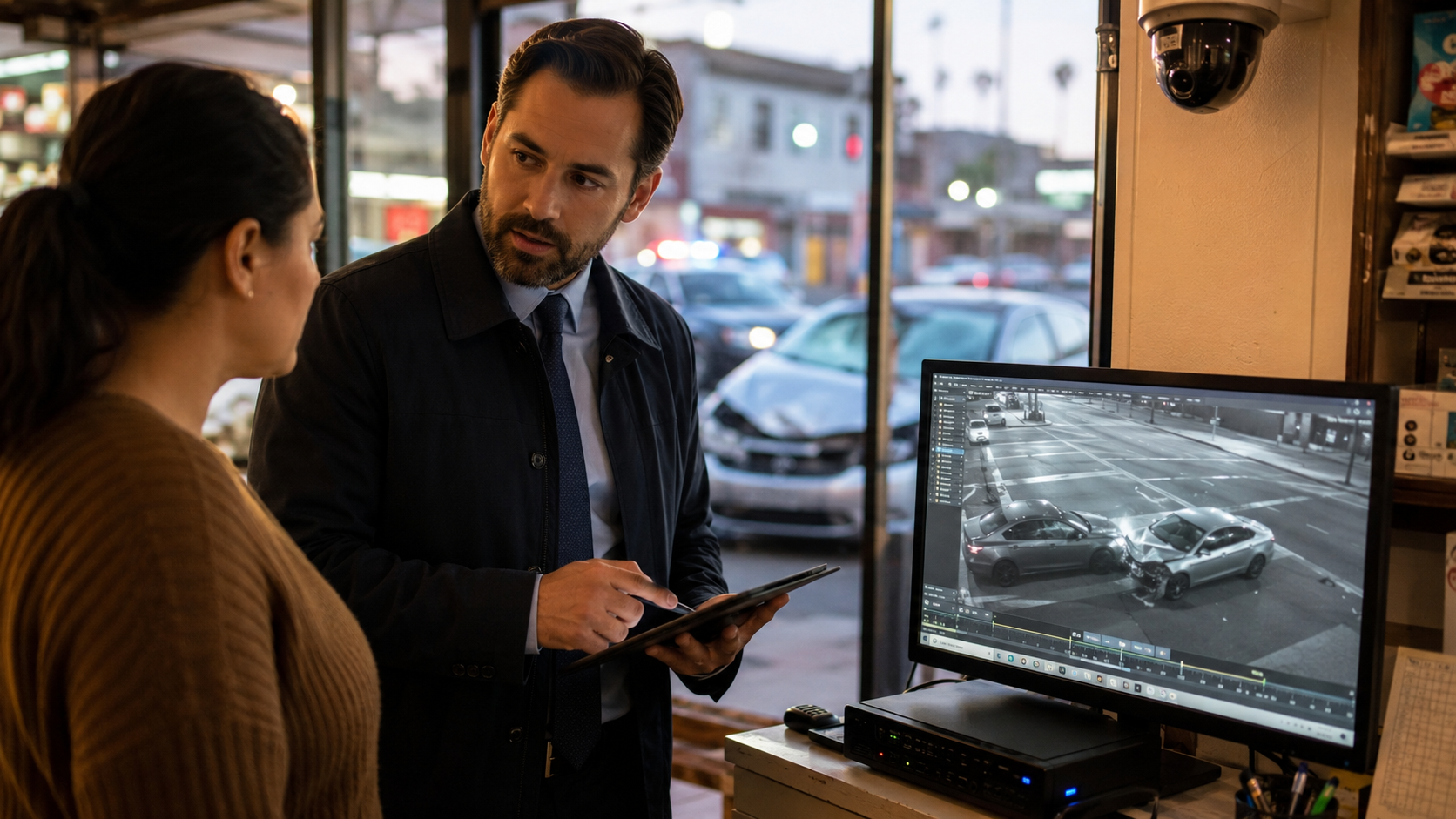 Investigator reviewing surveillance footage with a store owner after a car accident while the crash scene remains visible outside