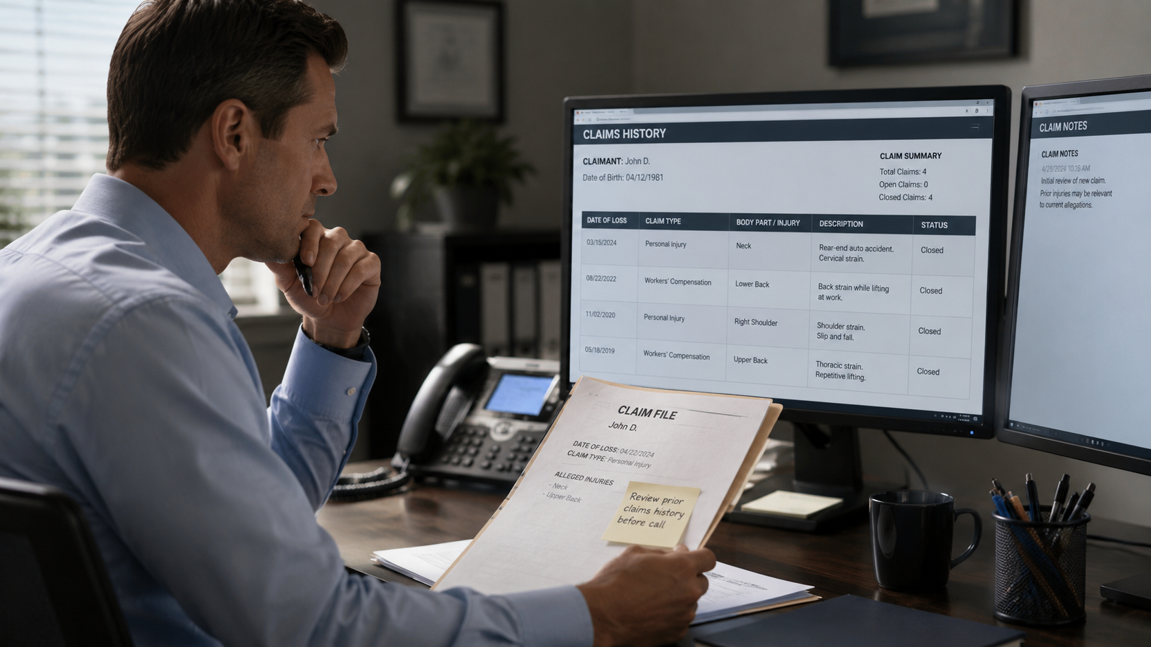 Insurance adjuster reviews a claimant’s prior injury and workers’ compensation history on a computer before a phone call.