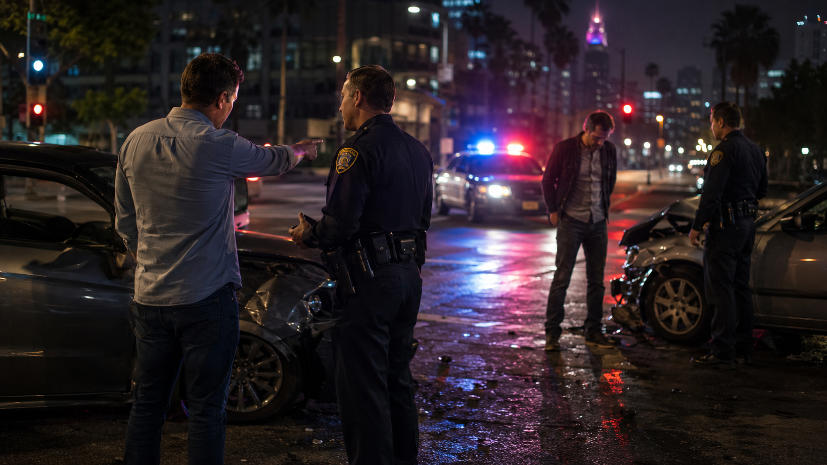 Police officers investigate a two-car crash at night while one driver speaks with an officer and another stands near a damaged vehicle.