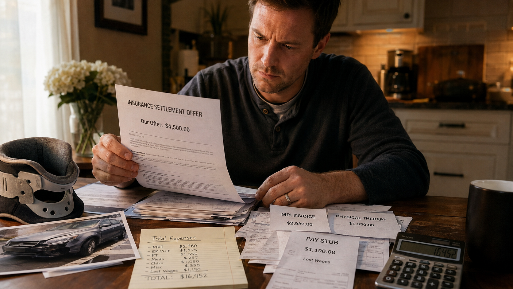 Accident victim compares more than $16,000 in medical bills and lost wages with a $4,500 insurance settlement offer.