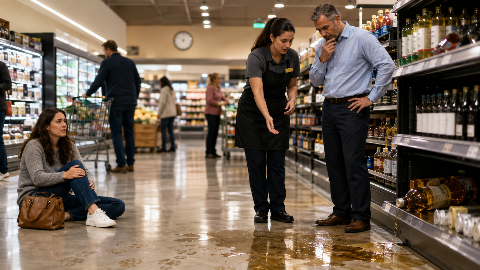 Customer seated near a grocery store spill while a store employee and manager examine the liquid on the floor in a California slip-and-fall liability scene.