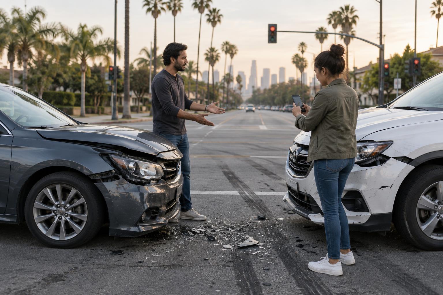 Two drivers with damaged cars stand in a road as a woman photographs the crash scene.