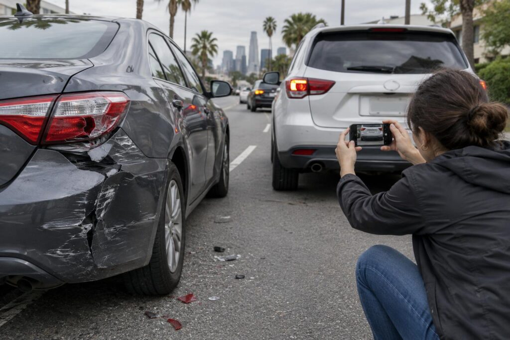 Woman crouches on a city street to photograph license plate after car accident involving a damaged gray sedan and white SUV