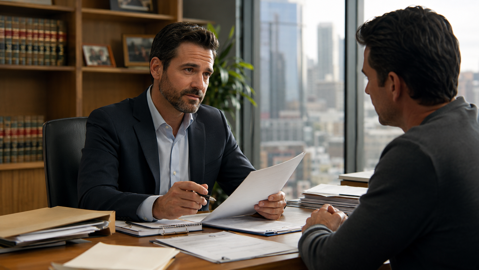 Former insurance adjuster turned personal injury attorney meeting with an injured client in a Los Angeles office