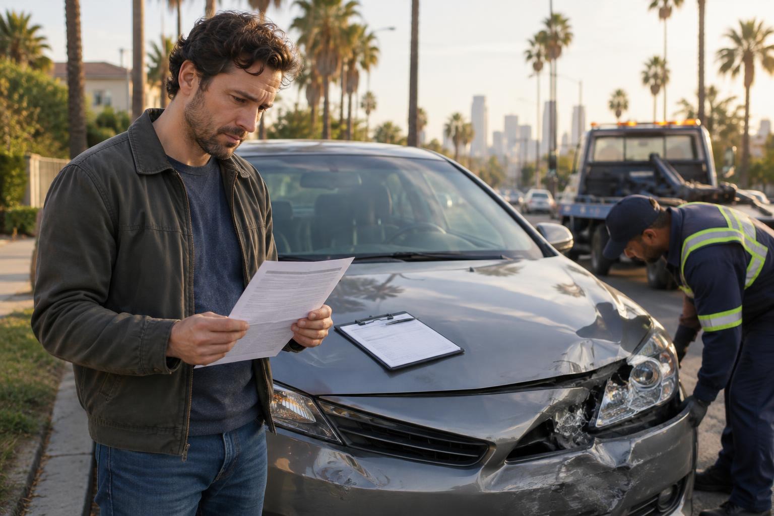 man reviews paperwork by a dented gray sedan while a tow operator inspects the front bumper on a palm lined street