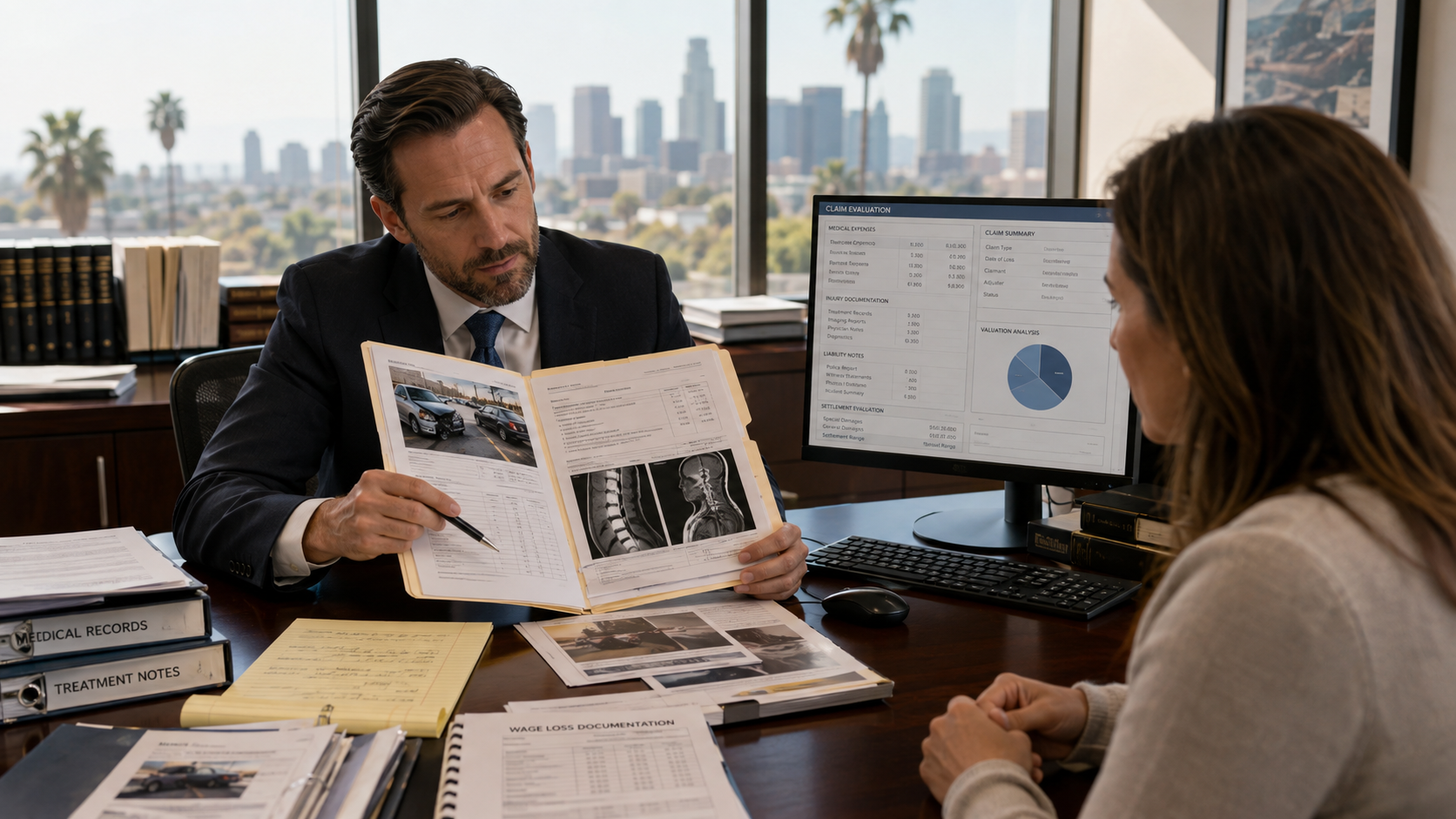 Personal injury attorney reviewing medical records and insurance claim documents with a client in a Los Angeles office