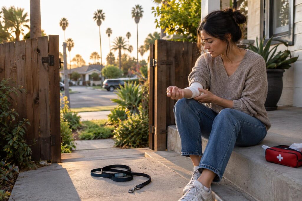 Woman on a porch bandages her wrist near a dog leash, illustrating dog bite liability california