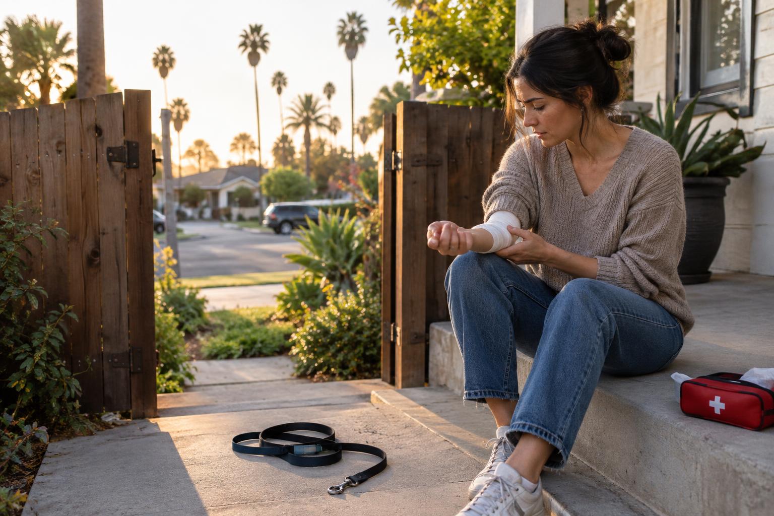 Woman on a porch bandages her wrist near a dog leash, illustrating dog bite liability california
