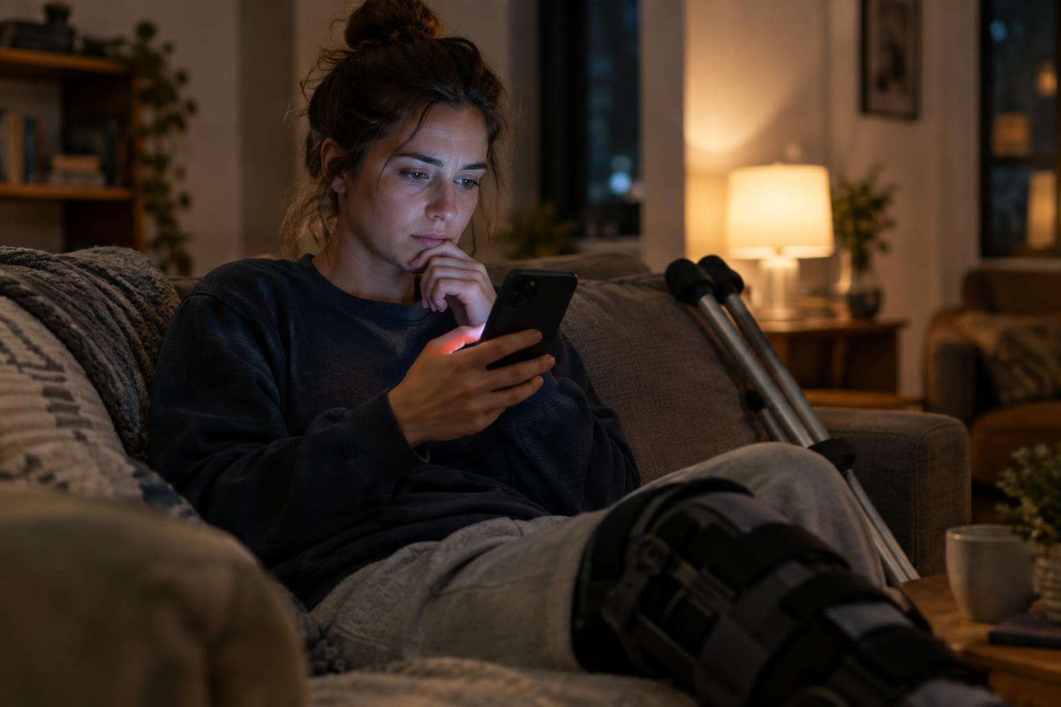 Woman in a leg brace lies on a couch checking her phone, illustrating social media after an accident