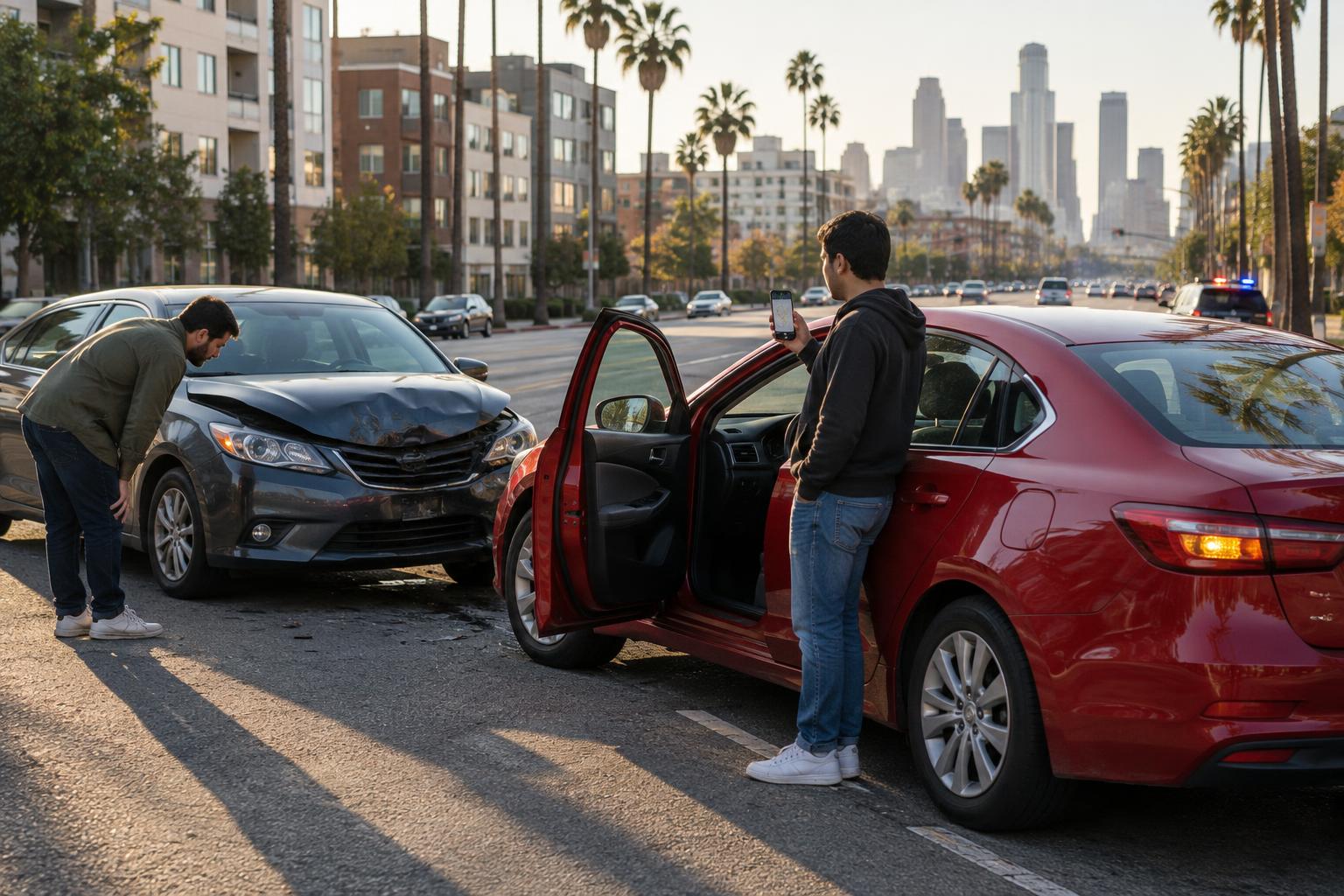 Men inspect damage between a dented sedan and a rideshare car, reflecting rideshare accident insurance coverage questions