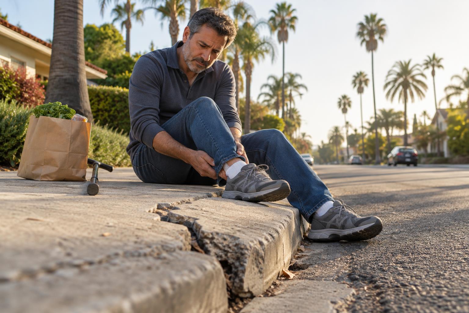 Un hombre sentado en el bordillo de una calle en un barrio bordeado de palmeras se sujeta el tobillo tras caerse en la acera junto a un borde de concreto agrietado y roto.