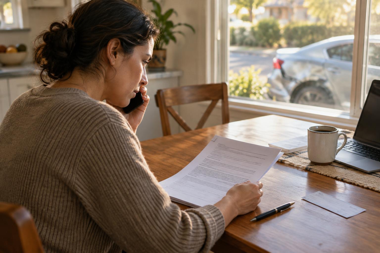 Woman on a phone call reads a multi-page document at a wooden kitchen table, with a damaged car visible through the window.